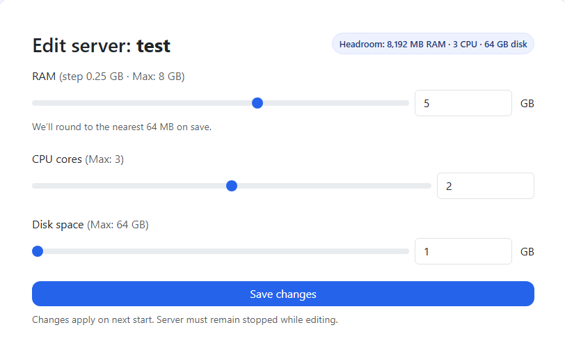 The Edit specs screen where you set RAM